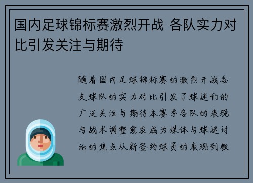 国内足球锦标赛激烈开战 各队实力对比引发关注与期待