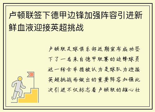 卢顿联签下德甲边锋加强阵容引进新鲜血液迎接英超挑战