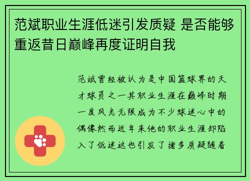 范斌职业生涯低迷引发质疑 是否能够重返昔日巅峰再度证明自我